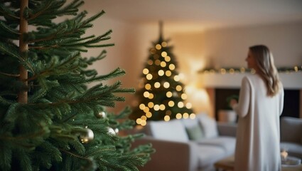Undecorated Christmas Tree in Warmly Lit Living Room Woman Out of Focus in Background.