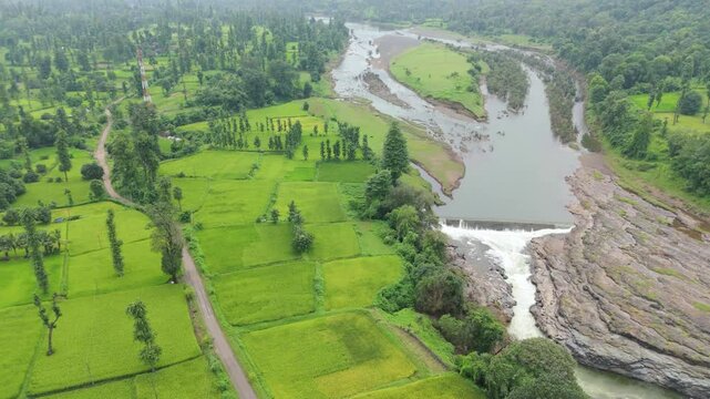 Aerial view of river with Dam near agriculture field Located in Mayadevi Temple in Dang Gujarat.  