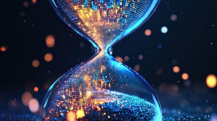 An hourglass with digital pixels or binary codes flowing like sand