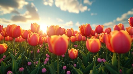 Sunset over a field of tulips