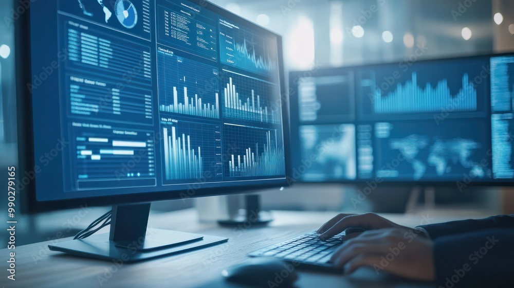 Poster analyst uses computer and dashboard for data business analysis and data management system with kpi a