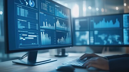 Naklejka premium analyst uses computer and dashboard for data business analysis and Data Management System with KPI and metrics connected to the database for technology finance, operations, sales, marketing