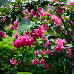 A rainy day in a lush, green garden with vibrant pink flowers blooming on the trees, creating a serene and tranquil atmosphere