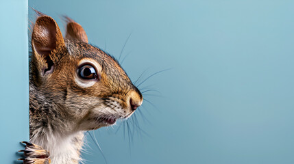 Obraz premium Side View of Squirrel on Blue Background ,Cute Squirrel Side Profile Against a Blue Background, Adorable Small Animal in Nature, Close-Up of Squirrel’s Face, Wildlife Photography with Playful