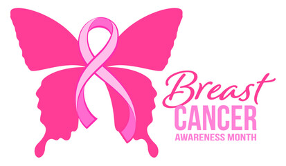 Breast cancer awareness design with butterflies. Pink ribbon symbol. Vector illustration.