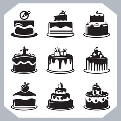 Set of cake silhouette, symbol of the cake holiday, birthday, anniversary, wedding, festive, Birthday cake icons set silhouette vector in white background