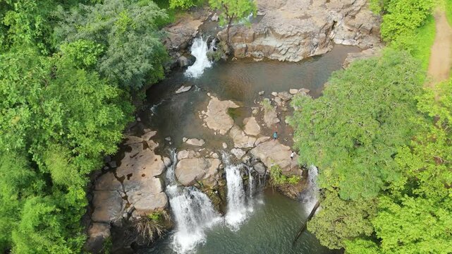 Aerial view of Bhalkhet waterfall Located in Dang District, Gujarat India. Beautiful aerial view of water fall. 4k Resolution 59.94 FPS