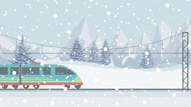 Snowstorm on trains running on a mountain railway in the middle of winter. Heavy snowfall.