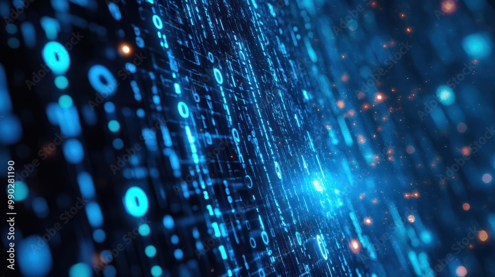 Poster blue digital binary data on computer screen background