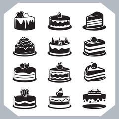 Set of cake silhouette, symbol of the cake holiday, birthday, anniversary, wedding, festive, Birthday cake icons set silhouette vector in white background