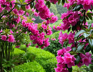 A lush, vibrant garden filled with blooming pink azalea flowers, creating a beautiful and colorful natural scene