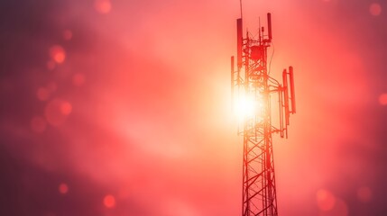 Fototapeta premium Telecommunications Tower Silhouetted Against a Vibrant Sunset Sky