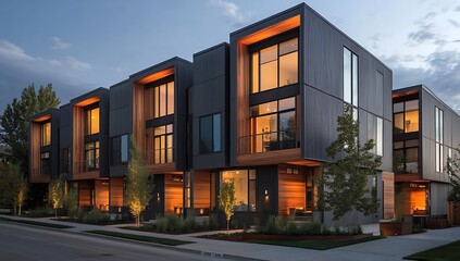 Naklejka premium Architecture Townhomes with Wood and Black Siding and Pavement Shadows