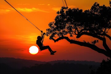 Danger Woman Riding Zip Line Over Tree at Sunset Adventure Travel