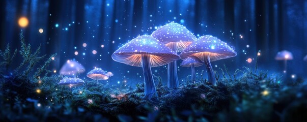 Bioluminescent mushrooms glow enchanting blue in a mystical forest, surrounded by ethereal light and a magical ambiance.