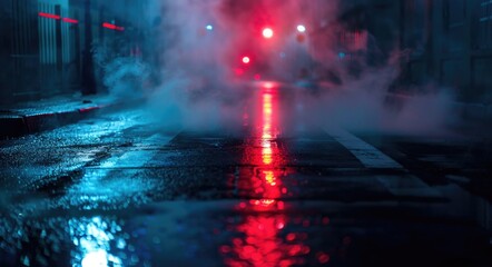 Dark Lights. Abstract Neon Lights Reflecting on Wet Asphalt in Empty Dark Street