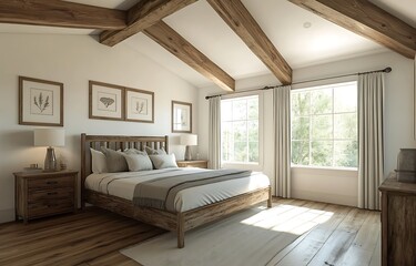 Bedroom interior with wood floors, bed, nightstand and window.