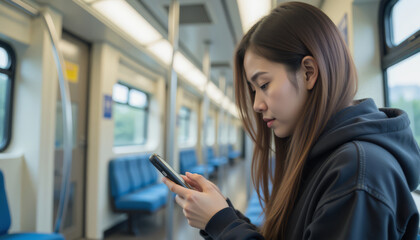 Obraz premium Young woman using smartphone in a subway train, empty seats around her.