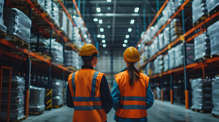 Warehouse employees in warehouse. Two workers in reflective clothing in modern industrial factory, heavy industry, manufactrury