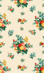 Vintage floral pattern with bouquets of roses, yellow and blue flowers on cream background.