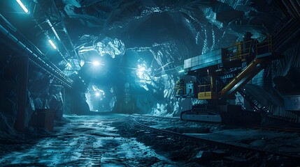 Deep Subterranean Mining Facility with Glowing Phosphorescent Walls and Cutting Edge Drilling Technology