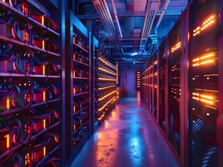 Illuminated High Tech Data Center with Rows of Servers and Cooling Systems for Cryptocurrency Mining