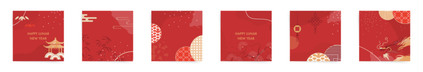 Red Square Chinese Lunar New Year Post Templates  with Golden Dragons and Asian Japanese Ornaments.