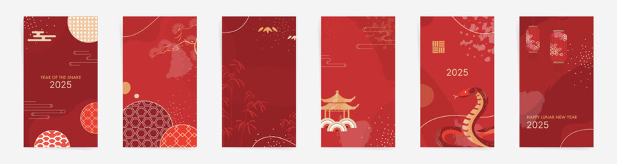 2025 Year of the Snake Premium Backgrounds Collection: Luxurious Red and Gold Templates Featuring Natural Abstract Designs with Clouds, Circles, and Ornaments. Chinese New Year Posts, Stories, Flyers.