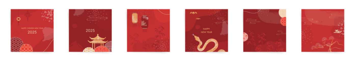 2025 Chinese New Year Premium Set. Golden Snake and Lantern Designs for Year of the Snake. Red and Gold Traditional Square Templates for Cards, Posters, Social Media, and Promotions.