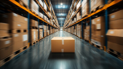 blurred business background featuring a warehouse setting conveys a sense of movement and dynamism. This image symbolizes the fast-paced nature of commerce, flexibility, and the merging of technology 