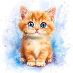Fototapeta premium Adorable Kitten with Big Blue Eyes in Watercolor Style.