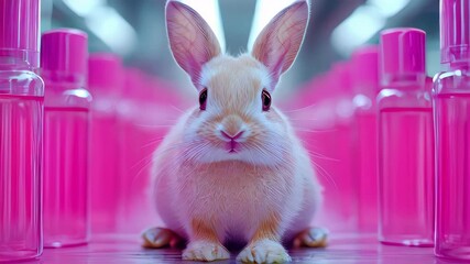 A fluffy rabbit in a bright cosmetic lab, surrounded by product samples, symbolizing cosmetic testing and research