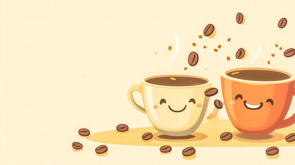 Obraz premium Two kawaii coffee cups smiling with coffee beans falling around