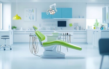 Dental Office Examination Room with Green Chair and Tools