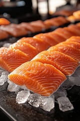 fresh salmon fillet steaks on ice at a fish counter, fish market, sale of fresh fish, beautiful marbling and strong color, freshly caught