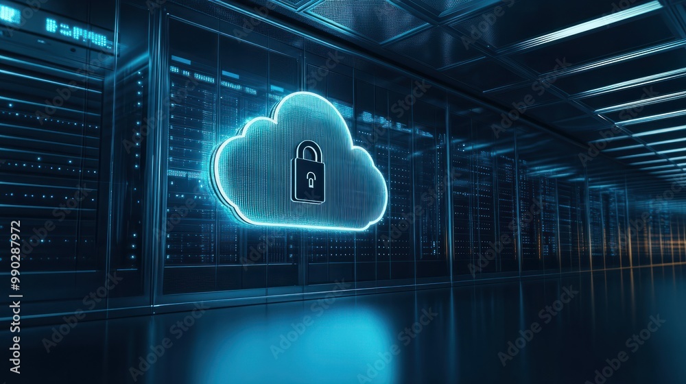 Poster data center with secure cloud locks, representing advanced digital protection and network security i