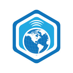 A simple flat logo that depicts a globe and a wifi icon in blue color inside a hexagonal shape