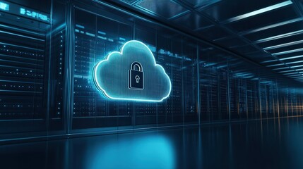 Data center with secure cloud locks, representing advanced digital protection and network security in a high-tech environment.