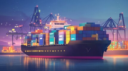 Obraz premium Vibrant Container Ship at Bustling Cargo Port at Twilight