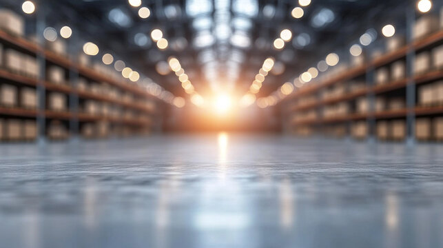 blurred business background featuring a warehouse setting conveys a sense of movement and dynamism. This image symbolizes the fast-paced nature of commerce, flexibility, and the merging of technology 