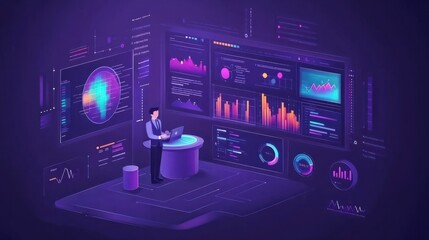 Fototapeta premium Digital business web concept in flat design. Man analyzing financial data infographic, develops and promotes company, increases profit. E-commerce and e-business. Illustration with people scene