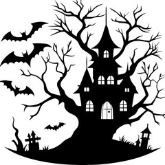 Spooky Haunted House with Flying Bats and Eerie Tree Silhouette