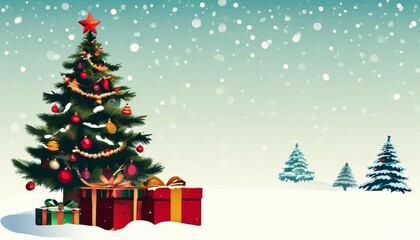 Naklejka premium vector illustration - a decorated Christmas tree with gifts under it on a snowy background