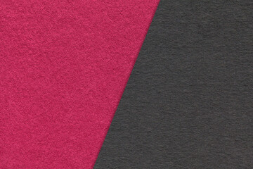 Fototapeta premium Texture craft purple and black paper background, half two colors, macro. Vintage kraft magenta cardboard.