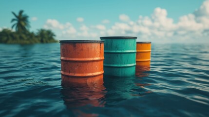 Naklejka premium Water pollution, toxic waste barrels floating in a river, 3D illustration