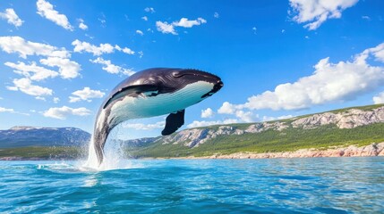 Obraz premium Majestic Whale Leaping Above Crystal Clear Waters
