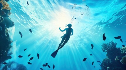 Fototapeta premium Underwater Scene with Silhouette of a Diver