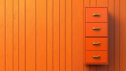 Fototapeta premium Retro wooden cabinet, clean mid-century design, brass handles, warm wood tones, minimalist backdrop, 3D illustration