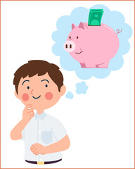 a boy is thinking about saving money in a piggy bank