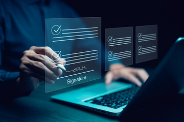 Fototapeta premium Signing electronic documents on digital documents Online, businessman with contract Electronic signature, e-signing, digital document management, paperless office, signing business contract concept,